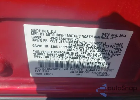 2014 Mitsubishi Outlander Sport Se z USA, uszkodzony, nr VIN 4A4AP4AU0EE027081